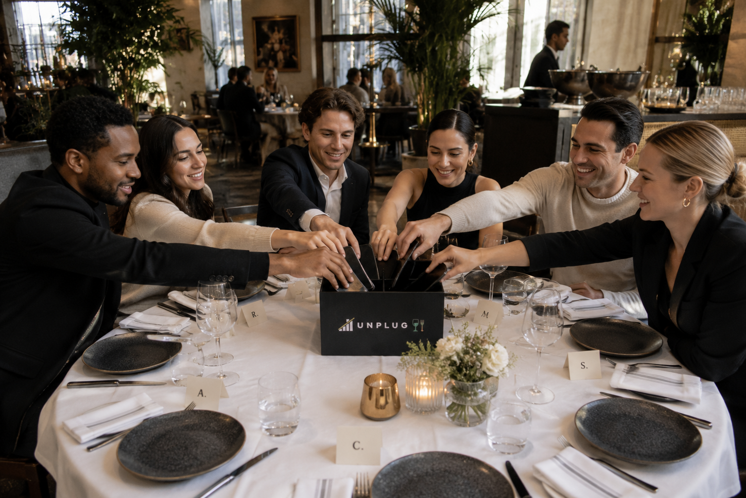 Six people at a fine dining UNPLUG night dropping phones into the jail