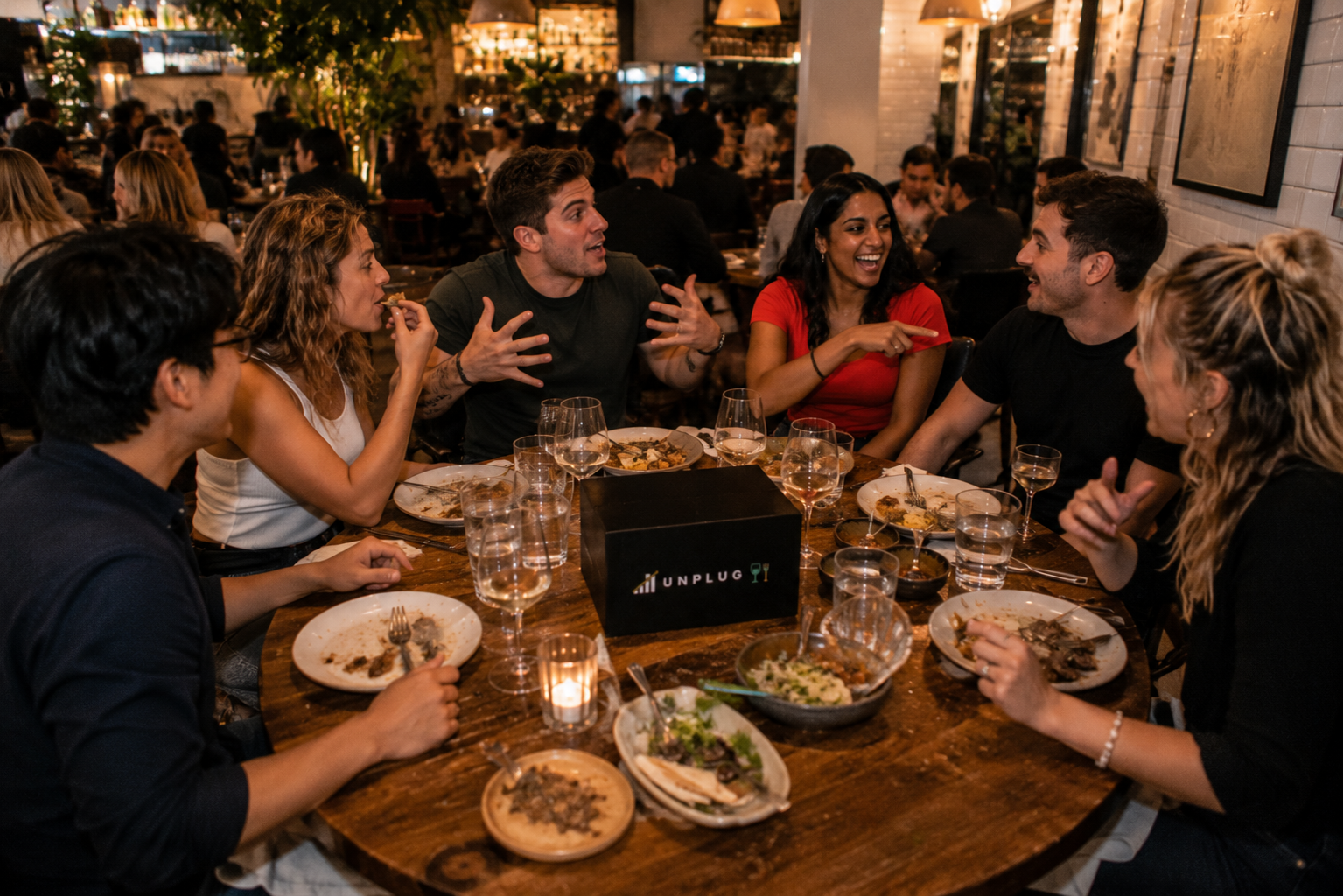 Group mid-conversation at UNPLUG dinner