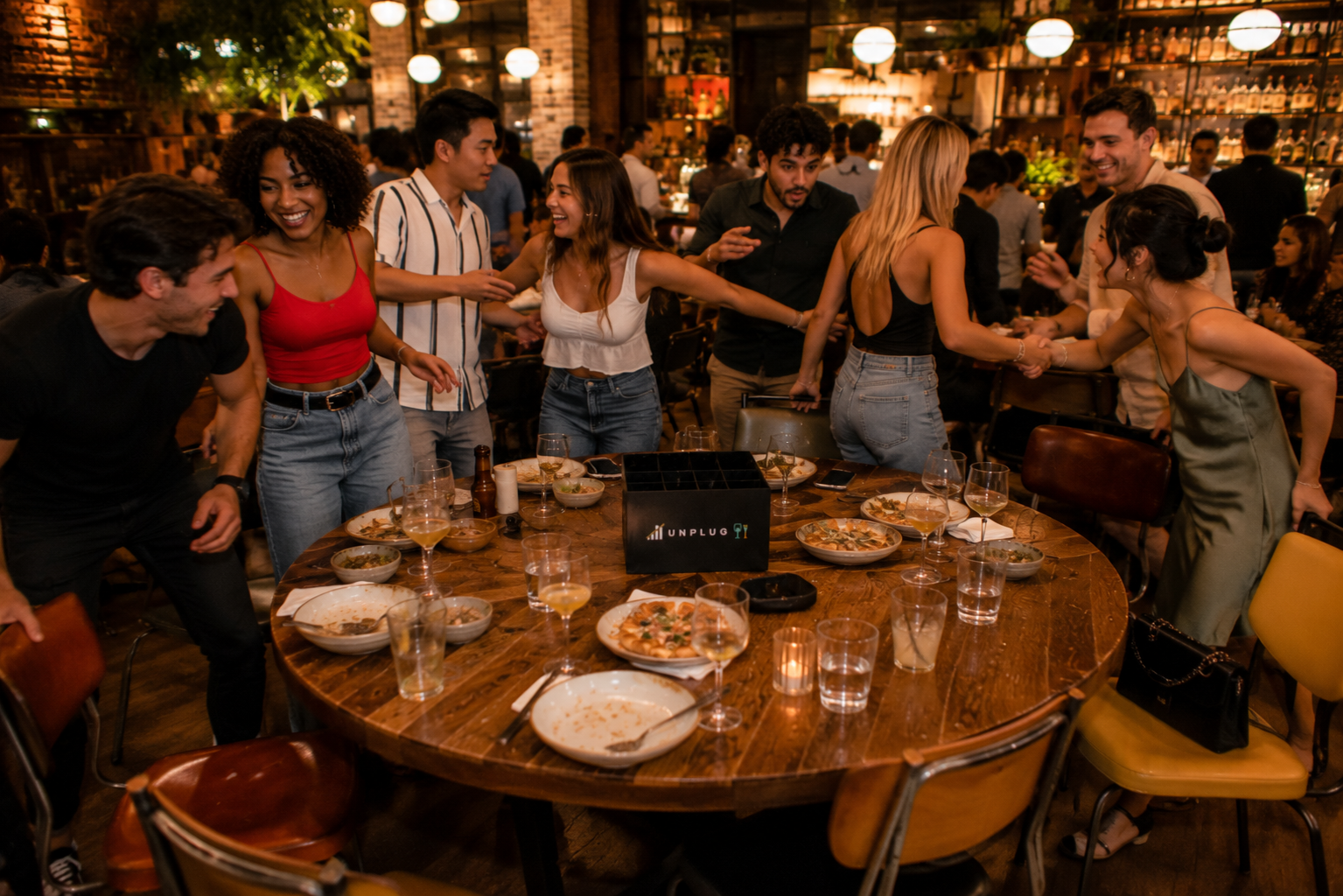 Eight people doing the seat swap at an 8-Pack UNPLUG night