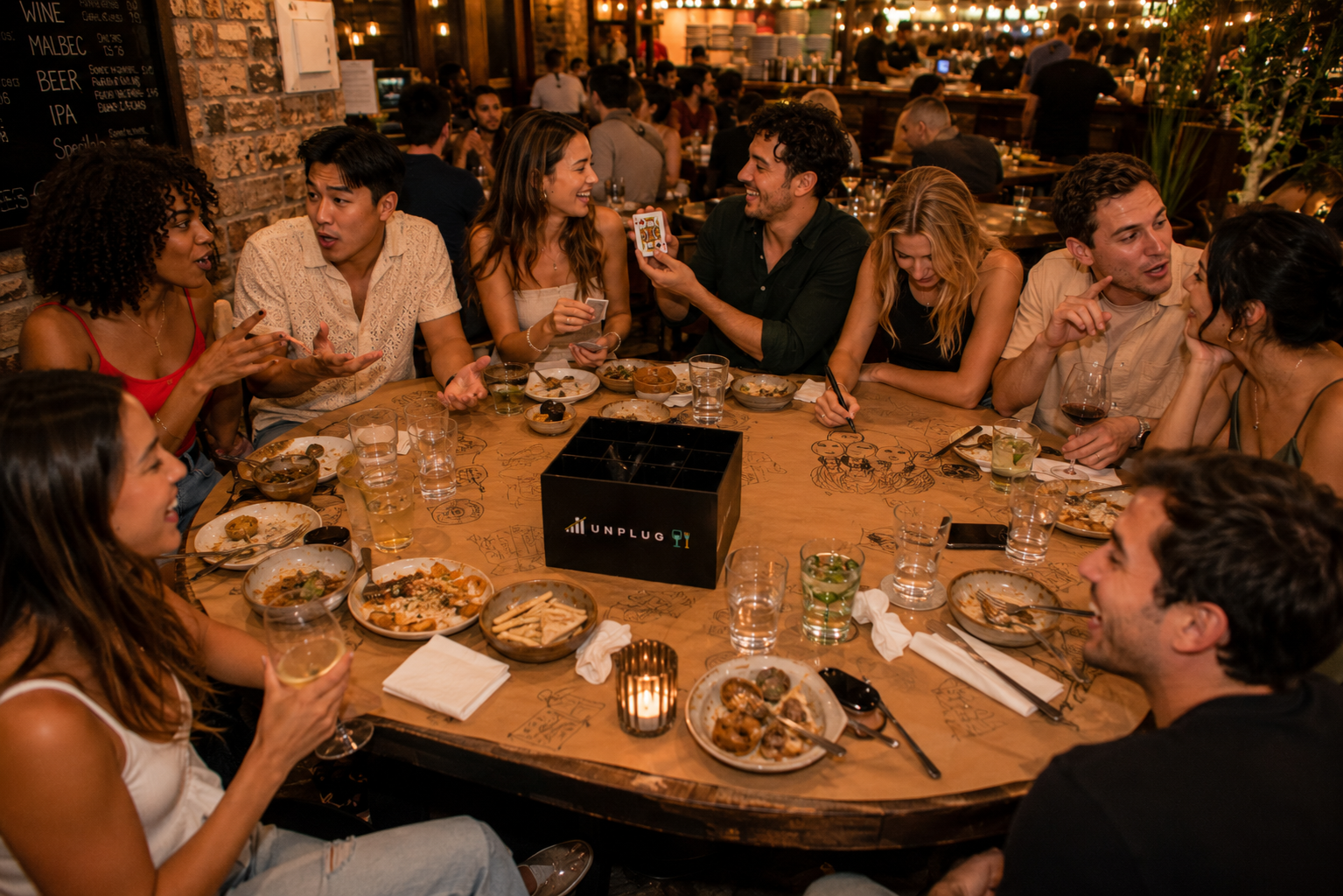 Large group at an UNPLUG 8-Pack night with card trick happening