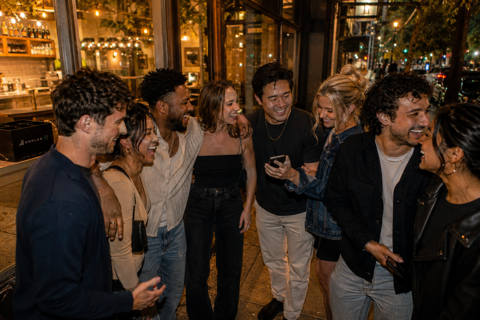 Group continuing the night outside a restaurant